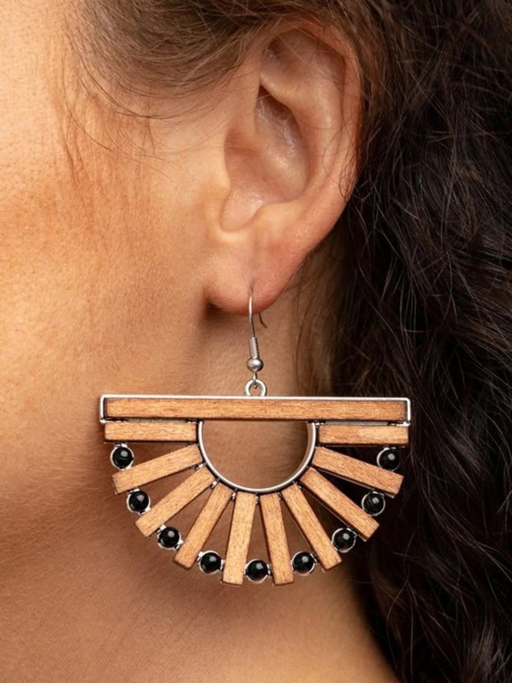 Wood earrings with polished black beads